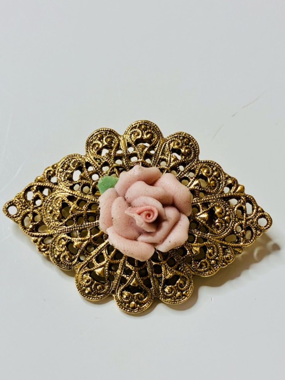 VTG Gold Filigree Brooch with Pink Porcelain Rose Accent
